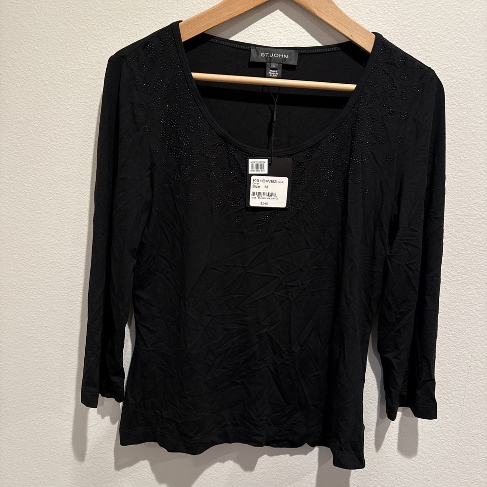 St John Top Embellished Black Size Medium 3/4 Sleeve Caviar NWT‎